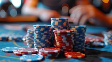 stapels van blauw en rood casino chips Aan een groen voelde tafel foto