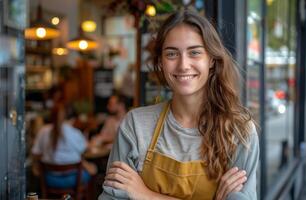 glimlachen vrouw vervelend schort staat buiten koffie winkel foto