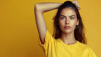 jong vrouw vervelend geel t-shirt poseren tegen een geel achtergrond foto