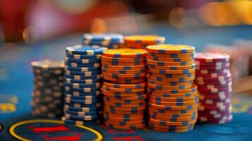 stapels van blauw en rood casino chips Aan een groen voelde tafel foto