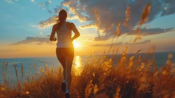 vrouw loopt naar zonsondergang over- kust- grasland foto