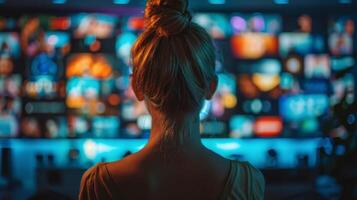 vrouw aan het kijken kleurrijk videos Aan een groot scherm Bij nacht foto