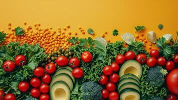 vers produceren arrangement met tomaten, avocado, broccoli, en maïs Aan geel achtergrond foto
