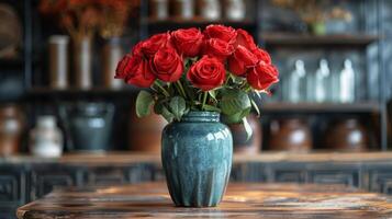 vaas gevulde met rood rozen Aan top van tafel foto