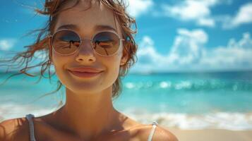 vrouw vervelend zonnebril staand Aan strand foto