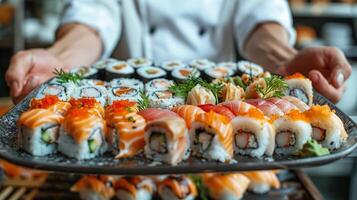 Mens voorbereidingen treffen sushi in restaurant keuken foto