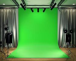 studio big - moderne filmstudio met groen scherm. 3D-rendering foto