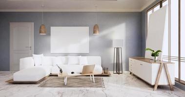 interieur, woonkamer modern minimalistisch heeft bank en kast, planten, lamp op blauwe muur en granieten tegels vloer.3D-rendering