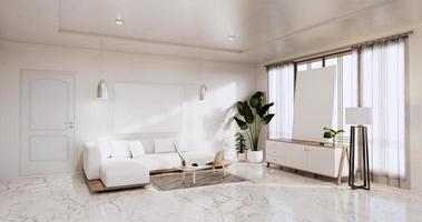 interieur, woonkamer modern minimalistisch heeft bank en kast, planten, lamp op witte muur en granieten tegels vloer.3D-rendering foto