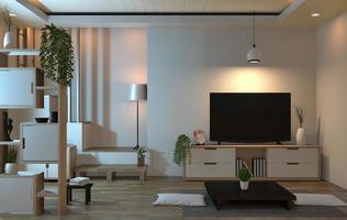 interieur woonkamer zen-stijl met smart tv en decoratiestijl japans. 3D-rendering foto