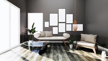 modern interieur met bank en fauteuil op kamer donkere muur en vloer houten tegels. 3D-rendering foto