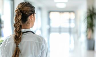 terug visie van jong vrouw dokter met stethoscoop in ziekenhuis hal. leerling lening, jong specialist Bij de begin van een geslaagd carrière foto