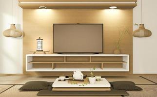 tv-kast en fauteuil japanse stijl op kamer ryokan minimaal ontwerp. 3D-rendering foto