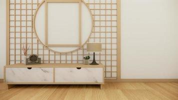 tv op houten kast in moderne lege kamer en witte muur op witte vloer kamer tropische stijl. 3D-rendering foto