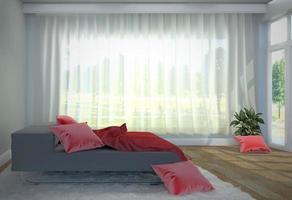 slaapkamer interieur - zwart bed en rood kussen met boom en tapijt, houten vloer en witte muur. 3D-rendering foto