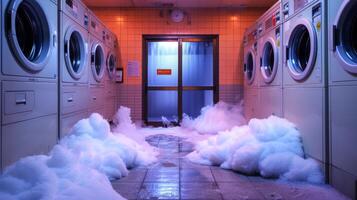 noodgeval tafereel in een wasserette met overlopend zeep zeepsop van het wassen machines. overlopend wasserette met schuim. concept van wasserij ongelukken, schoonmaak uitdagingen, en dramatisch beelden. foto