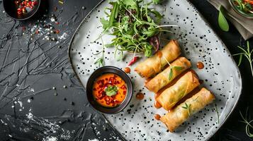 krokant Thais voorjaar broodjes geserveerd Aan bord met kant van zoet Chili saus en vers salade. perfect gebakken voorafje. concept van Aziatisch keuken, voorgerechten, smaakvol hapjes, Thais maaltijden. top visie foto