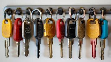 divers gekleurde sleutels hangende Aan een sleutel rek tegen een wit achtergrond. concept van veiligheid, organisatie, sleutelhouder, huis benodigdheden, auto sleutels foto