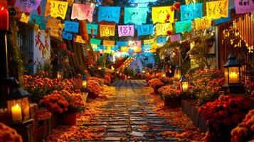 kleurrijk Mexicaans straat versierd met papel picado voor dia de los muertos. levendig steeg met goudsbloemen lit door lantaarns. concept van Mexicaans traditie, feestelijk decor, cultureel viering, vakantie foto