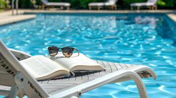 Open boek en zonnebril Aan zwembad lounge stoel. roman en eyewear resting door een zwemmen zwembad. concept van vrije tijd, vakantie, zomer ontspanning foto