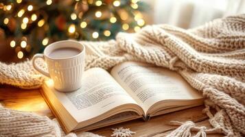 knus tafereel met een Open boek De volgende naar een kop van heet cacao en breien deken door een lit Kerstmis boom. concept van lezing, winter, ontspanning, feestelijk seizoen, Kerstmis foto