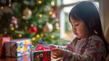 Aziatisch meisje opening een Cadeau door een versierd Kerstmis boom. concept van vakantie vreugde, jeugd, cadeaus geven, feestelijk viering, Kerstmis ochtend- foto