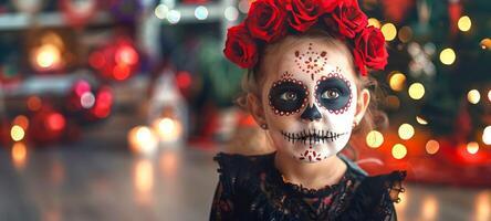 weinig meisje met dag van de dood gezicht verf en rood bloemen. jong kind gekleed voor dia de los Muertos viering. concept van cultureel tradities, feestelijk verzinnen, halloween. ruimte voor tekst foto