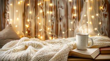 knus tafereel met een Open boek De volgende naar een kop van heet cacao en breien deken door een lit Kerstmis boom. concept van lezing, winter, ontspanning, feestelijk seizoen, Kerstmis foto
