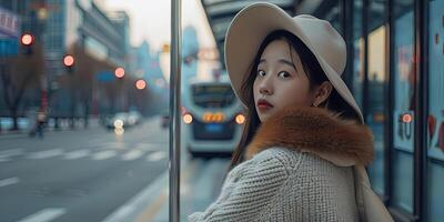 mooi Chinese meisje vervelend een gebroken wit wollen trui met een bruin vacht halsband, foto