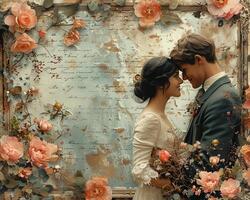 een bruiloft verjaardag collage met romantisch foto's en elegant Sjablonen. foto