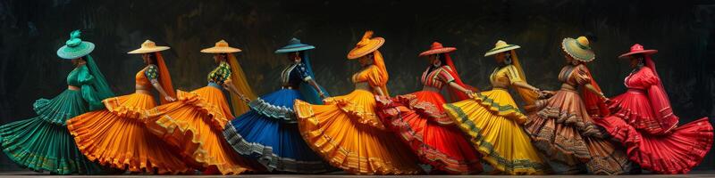 Dames in kleurrijk jurken en hoeden dansen in een rij foto