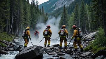 Brand blussen activiteiten, de atmosfeer van brandweerlieden zetten uit branden foto