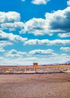 directionele teken in de woestijn met schilderachtige blauwe lucht en brede horizon. concept voor reis, vrijheid en transport. foto
