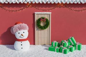 gevel met kerstversiering, sneeuwpop en geschenken