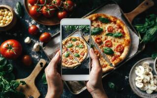 smartphone voedsel fotografie van vers pizza foto
