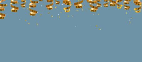 gouden glanzende spiralen, slingers en confetti op een grijze achtergrond met plaats voor tekstbannerachtergrond