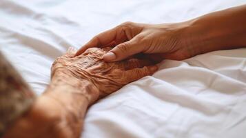 een aanraken moment van mededogen en ondersteuning net zo een jonger hand- houdt een ouderen een, symboliseert zorg, liefde, en verbinding Aan een wit bed. foto