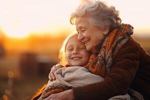 grootmoeder met kleindochter familie glimlachen geluk liefde oud vrouw weinig meisje winter warmte wandelen kind knuffel omarmen zorg saamhorigheid bonding genegenheid ouder ondersteuning inschrijving foto