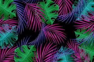abstract donkergroen en paars met blauw tropisch bladeren botanisch patroon op donkerzwart.
