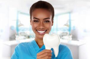 een Afrikaanse vrouw tandarts Holding een tand model- Bij modern kliniek foto