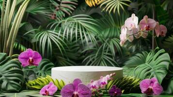 een wit circulaire voetstuk omringd door levendig roze en Purper orchideeën temidden van weelderig groen tropisch gebladerte. foto