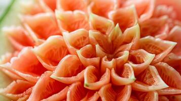 een voorzichtig bewerkte watermeloen bloem met ingewikkeld bloemblaadjes en een verfrissend barsten van fruit smaak naar top uit een tropisch fruit salade foto