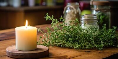 aroma ontspannende soja was- kaars in de keuken Aan een tafel met basilicum bladeren concept tafereel foto
