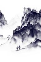 landschapsschilderij van bergen en valleien in chinese stijl. natuurlijke landschappen zijn geschilderd in zwarte inkt voor achtergronden, prints, kamerdecoraties, natuurlijke ontwerpen, enz.
