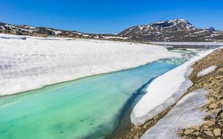 bevroren turquoise meer vavatn panorama in zomer landschap hemsedal noorwegen. foto