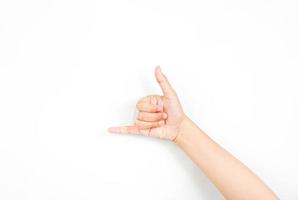 een handgebaar met een duim en pink open. verzameling van de gebarentaal met handgebaren. foto