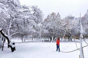 jonge mooie vrouw loopt in de winter in een besneeuwd fantastisch stadspark foto