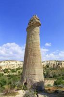 het krachtige monument van de oude rots stijgt met zijn kegelvormige top in de vallei van Cappadocië de blauwe lucht in