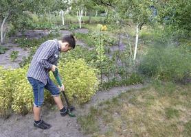 een jonge man maakt seizoenswerk in de tuin foto