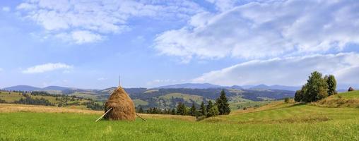 een hooiberg staat in een weiland tegen de achtergrond van de Karpaten en hellingen.